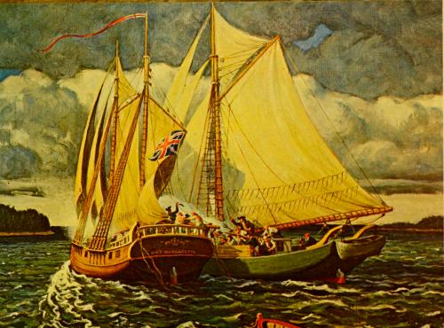 Artistic Interruption of First Naval Battle of American Revolution -- HMS Margaretta portside, Transport Unity starboard. 